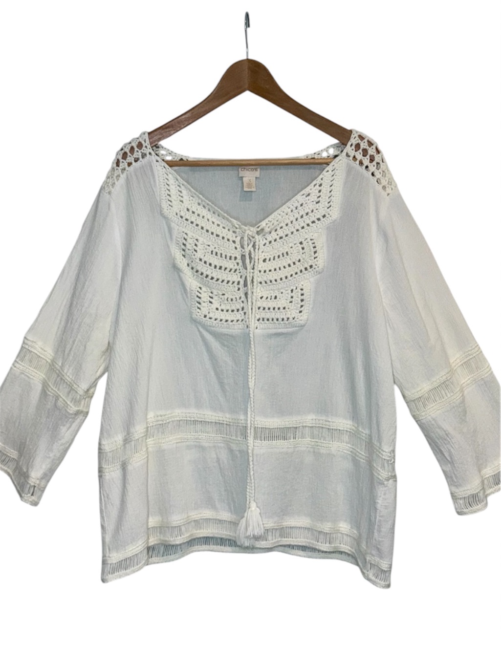 Chico’s Crochet Blouse Size 3 Women’s Peasant Top 1x (16/18) Tassel Ties Boho